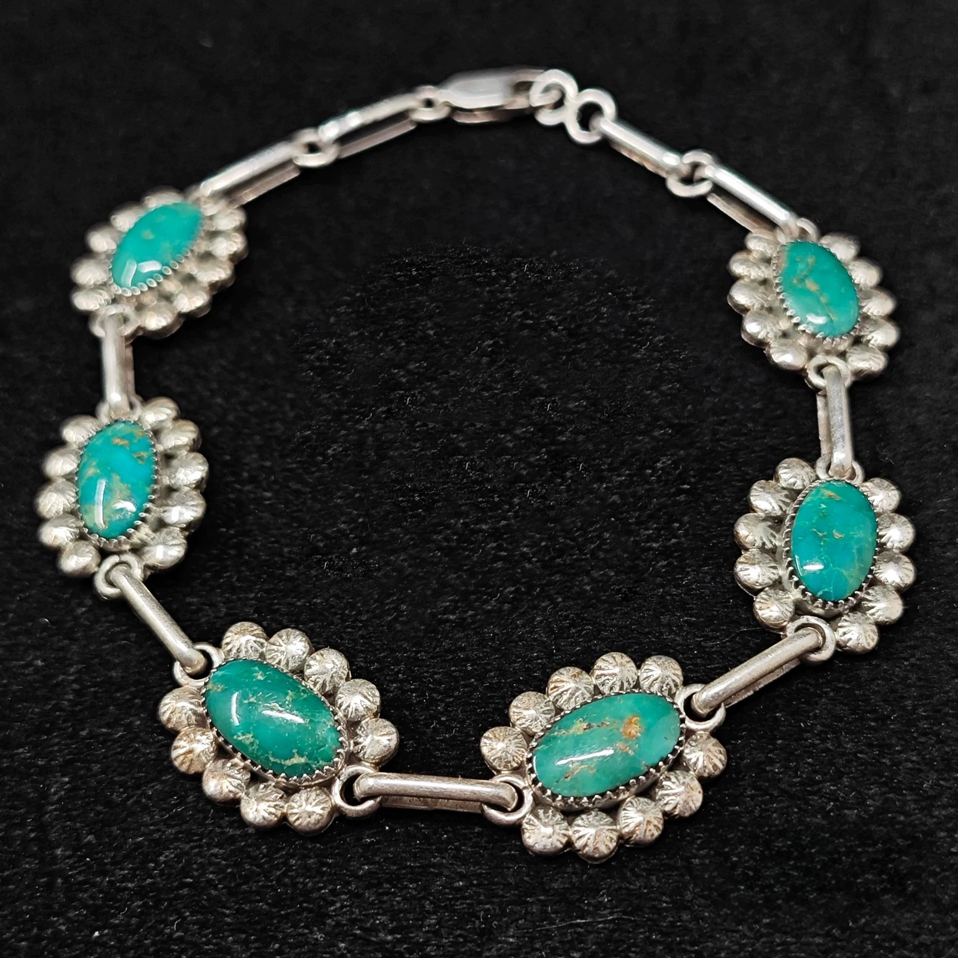 Vintage Turquoise and Sterling Silver Floral Link Bracelet – Handmade Boho Western Jewelry for Women