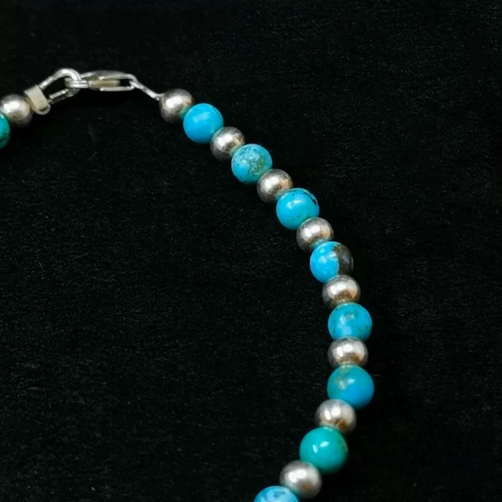 Turquoise and Silver Beaded Bracelet – Handmade Stretch Bracelet for Women and Men