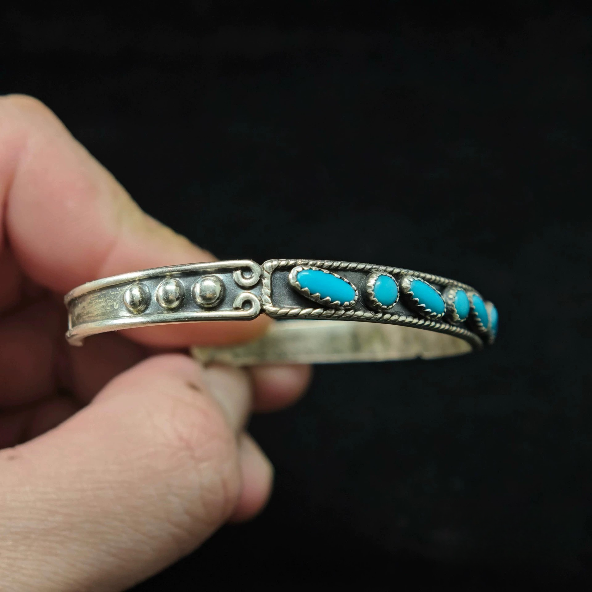 Vintage Sterling Silver Cuff Bracelet with Multiple Turquoise Stones – Handmade Southwestern Boho Jewelry