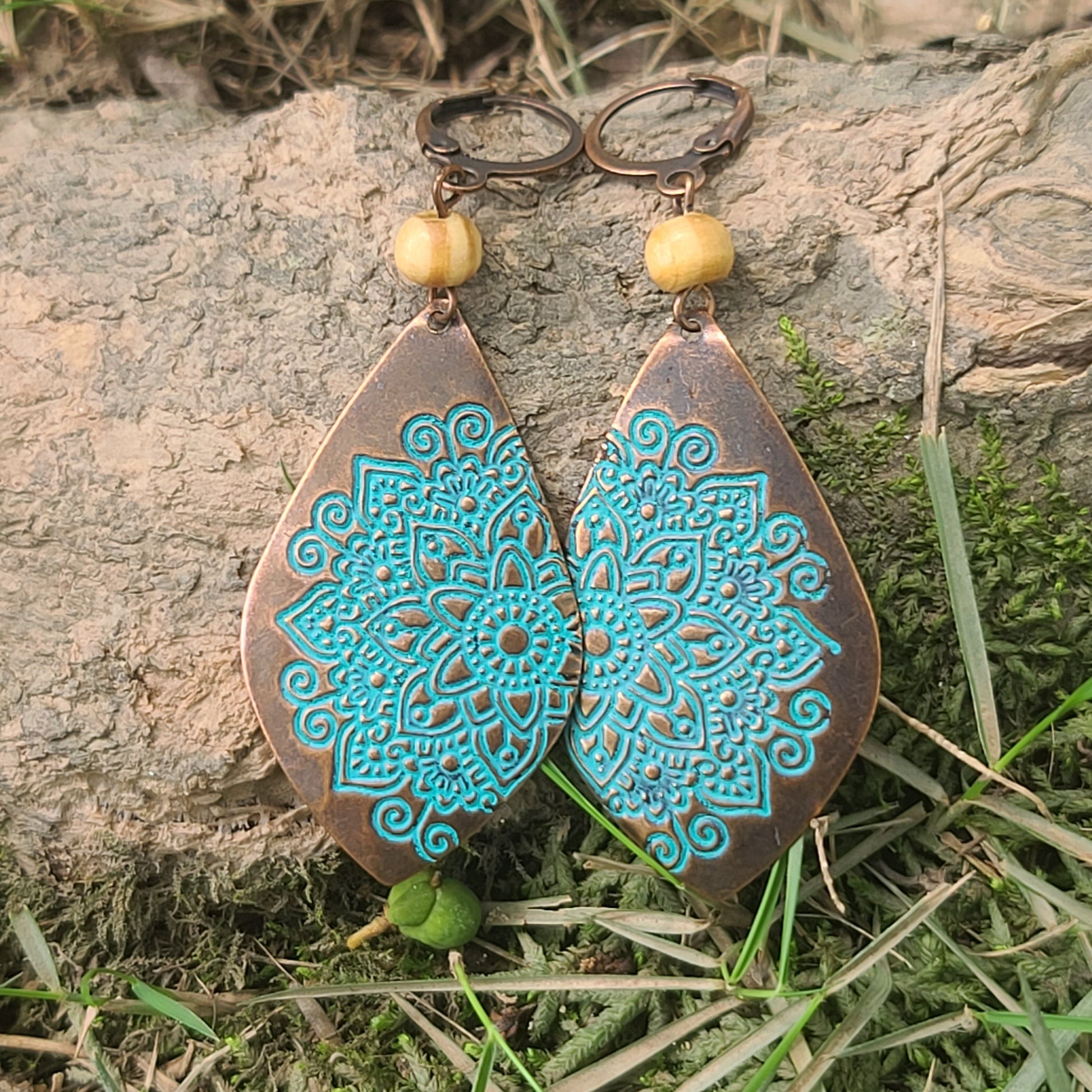 Boho Mandala Drop Earrings – Antique Bronze & Turquoise Engraved Tribal Statement Jewelry
