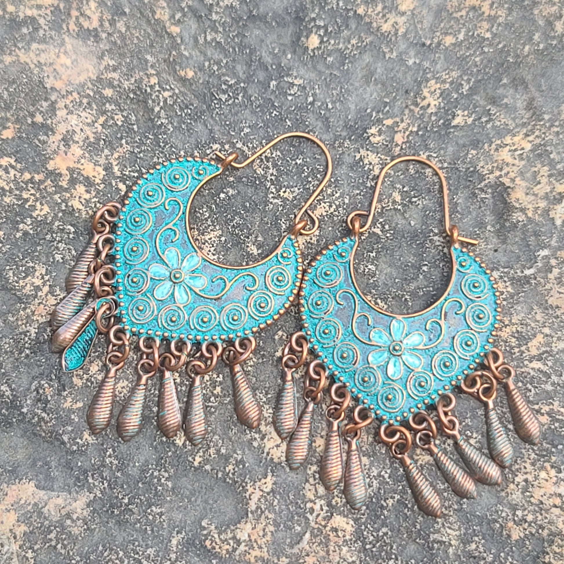 Bohemian Vintage Turquoise Chandelier Earrings – Antique Copper Floral Drop Dangles