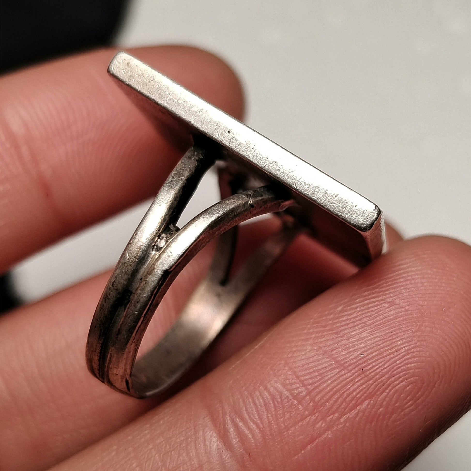 Vintage Southwestern Mosaic Ring – Sterling Silver Rectangle Ring with Turquoise & Coral Inlay Tribal Dancer Design