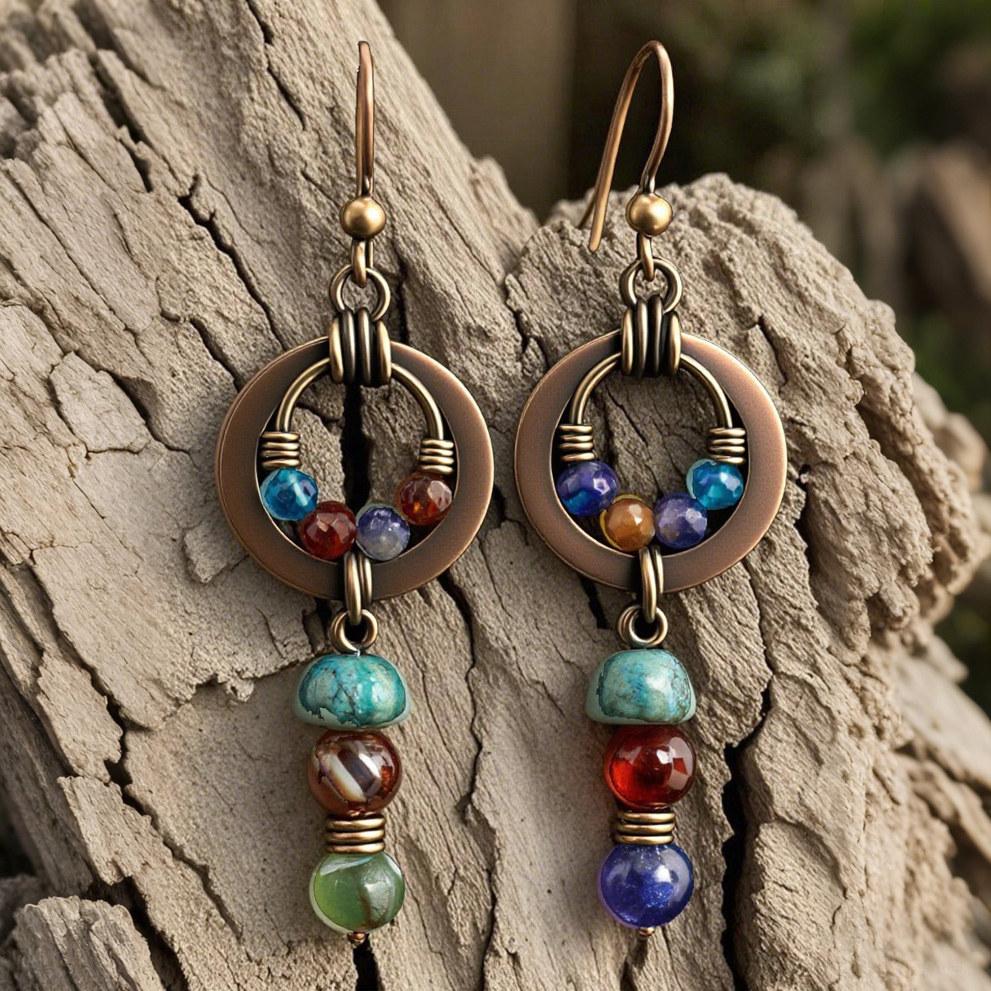 Boho Multicolor Gemstone Dangle Earrings – Vintage Bronze Hoop Earrings with Natural Stone Beads