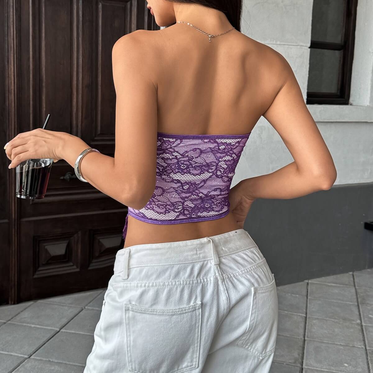 Sexy Lace Trim Strapless Bustier Top