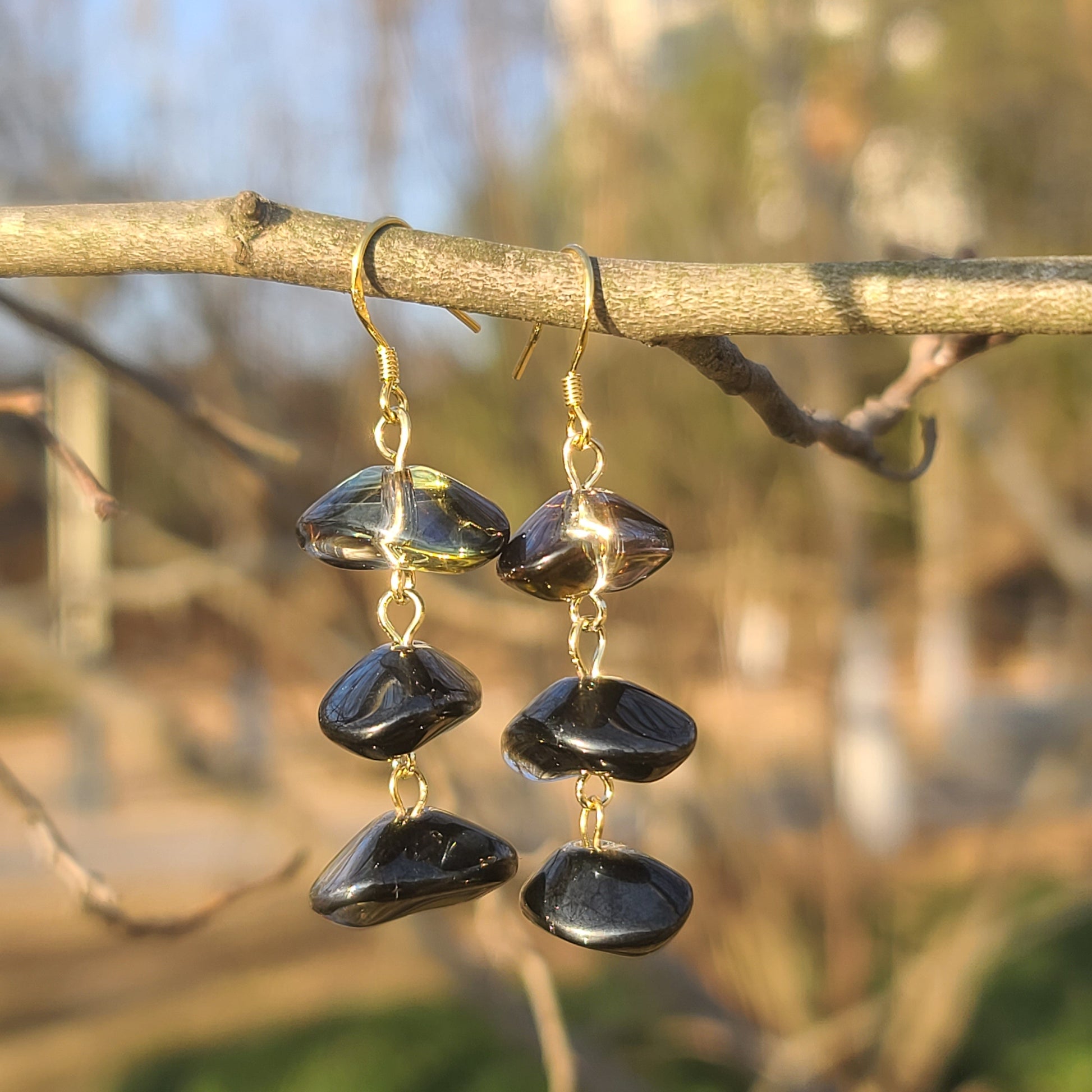 Handmade Black Glass Nugget Drop Earrings – Gold Hook Boho Chic Jewelry