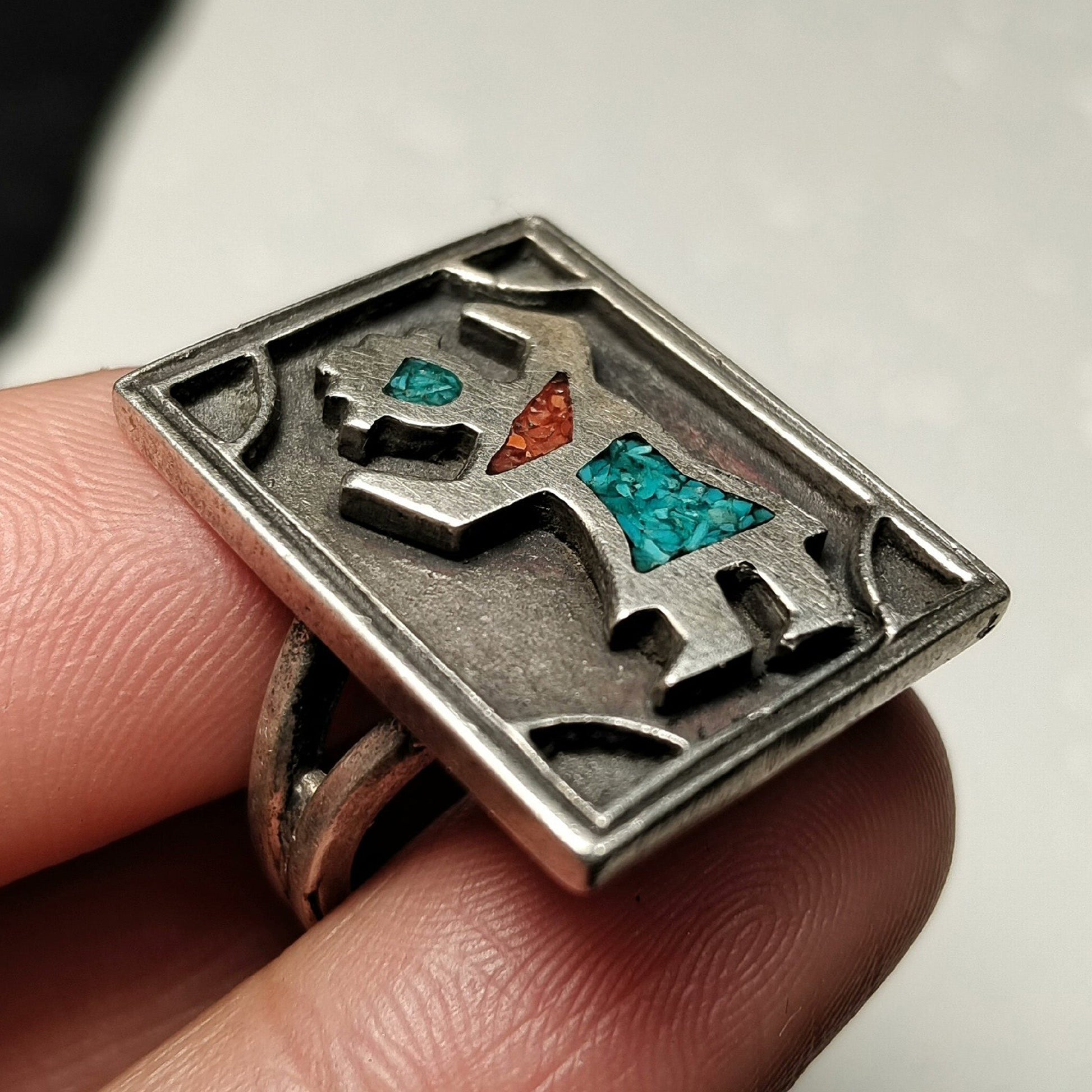 Vintage Southwestern Mosaic Ring – Sterling Silver Rectangle Ring with Turquoise & Coral Inlay Tribal Dancer Design