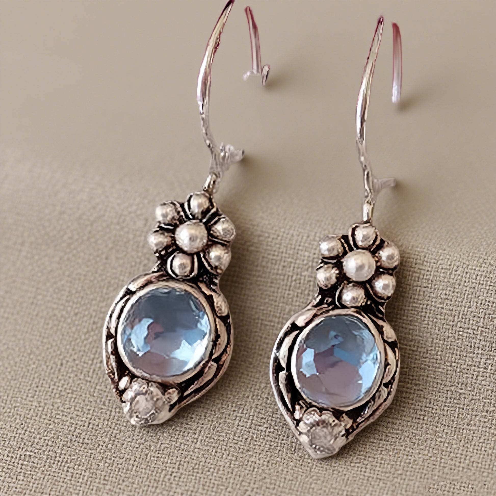 Vintage Floral Drop Earrings with Blue Gemstones – Sterling Silver Ocean-Inspired Victorian Jewelry