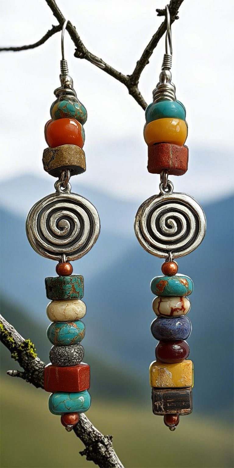 Bohemian Tribal Spiral Earrings – Colorful Stacked Beads & Antique Silver Swirl Design