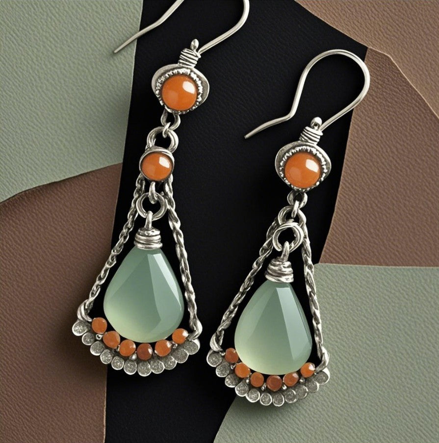 Elegant Silver Teardrop Earrings with Green and Orange Accents