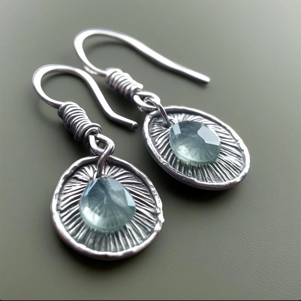 Handcrafted Silver Drop Earrings – Faceted Aqua Gem with Sunburst Texture