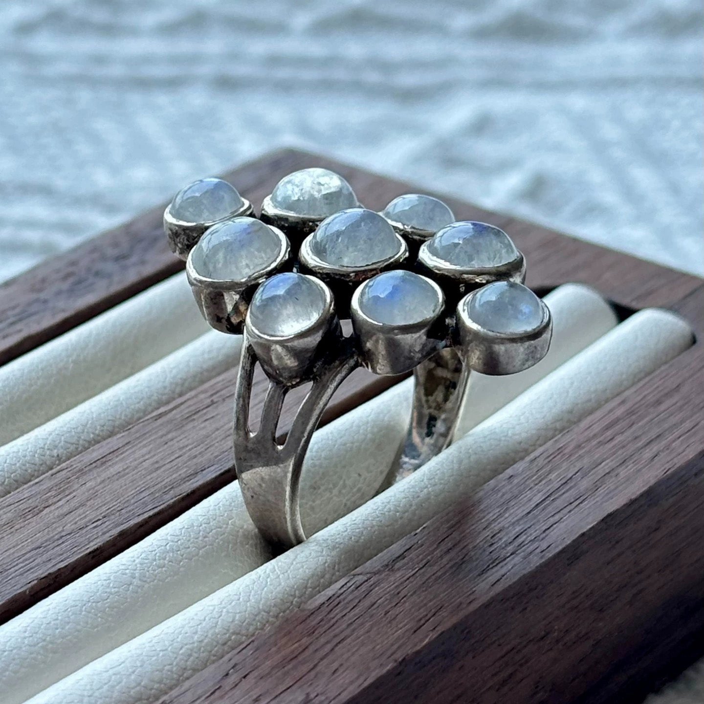 Moonstone Cluster Statement Ring – Sterling Silver Nine-Stone Celestial Goddess Ring