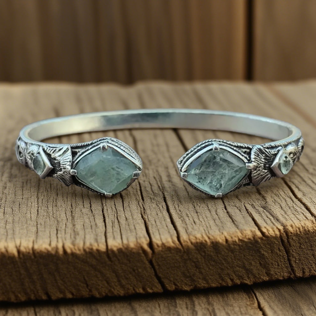 Vintage Boho Cuff Bracelet with Raw Green Fluorite Stones – Handcrafted Open Bangle for Women