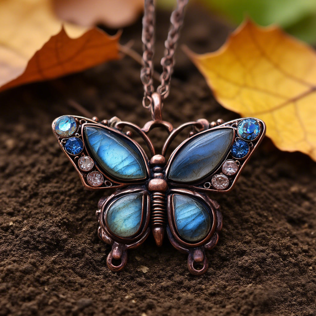 Vintage Blue Labradorite Butterfly Necklace – Handmade Boho Pendant with Crystals and Copper-Tone Finish