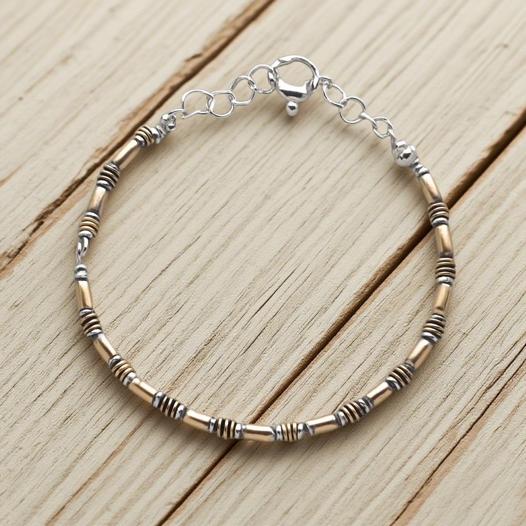 Minimalist Two-Tone Tube Bead Bracelet – Handcrafted Brass & Silver Plated Adjustable Chain for Men & Women