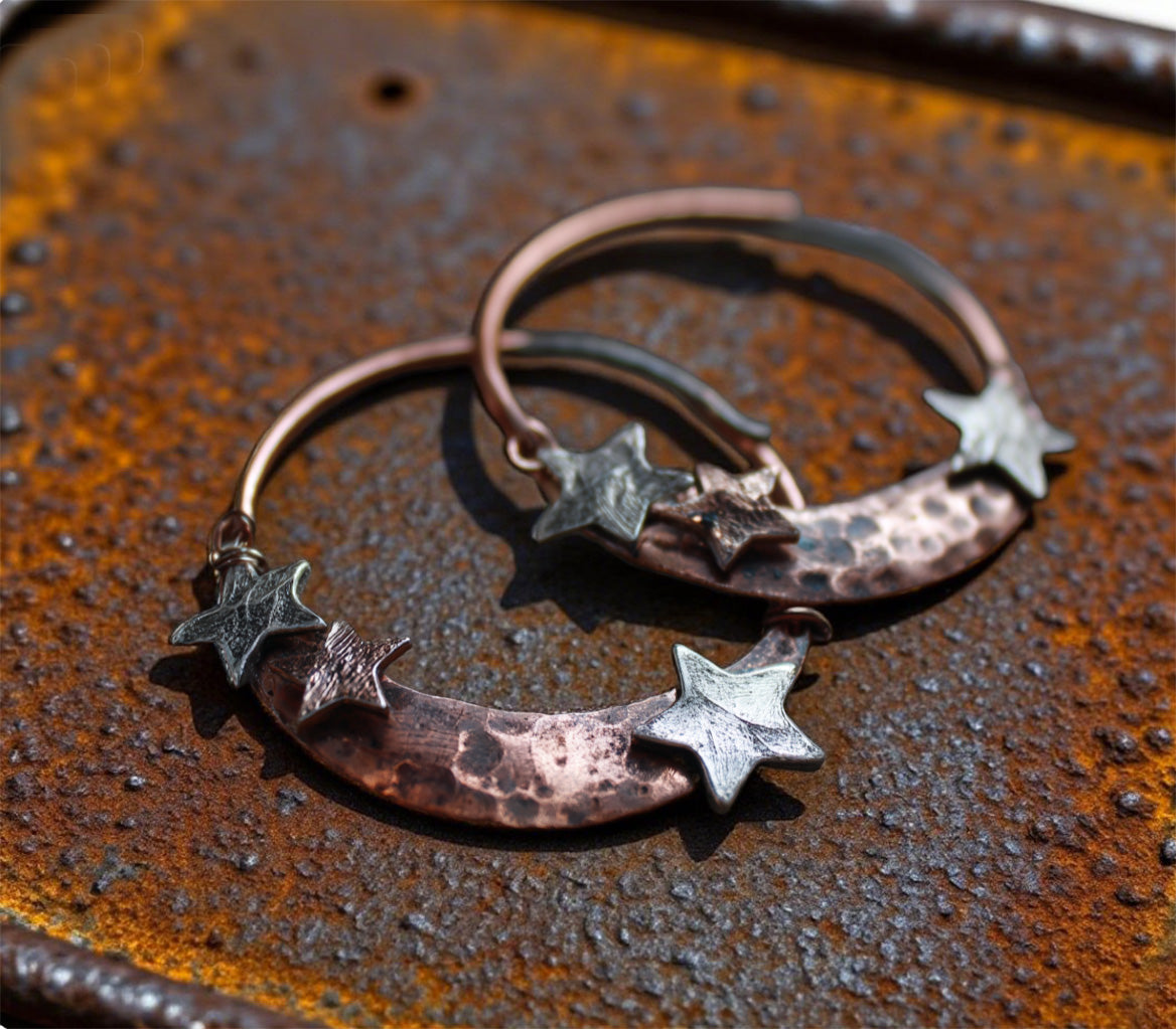 Rustic Hammered Copper Hoop Earrings with Silver Star Accents