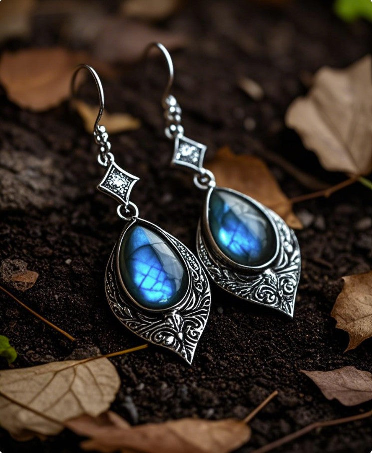 Mystic Blue Teardrop Earrings with Ornate Vintage Filigree