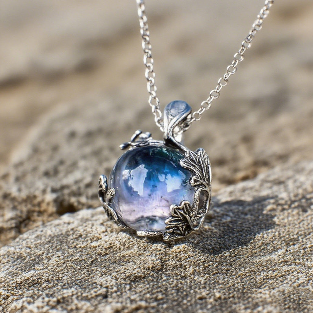 Vintage Leaf Wrapped Galaxy Glass Orb Pendant Necklace for Women – Handmade Silver-Tone Chain Jewelry