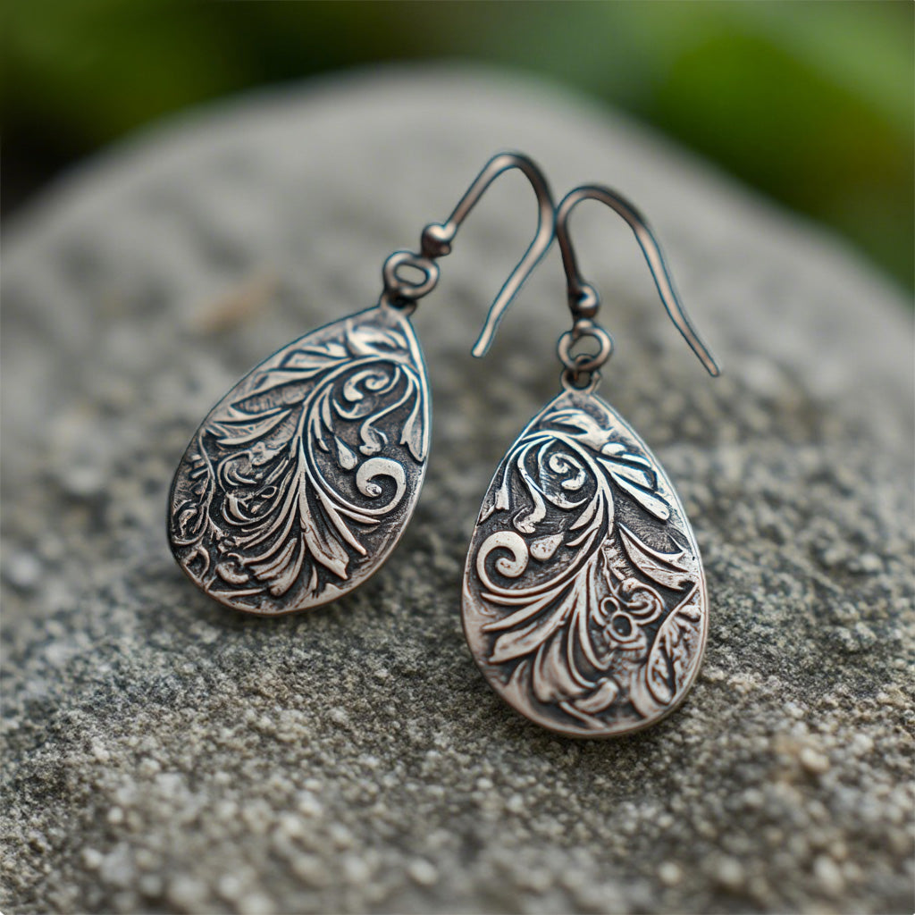 Vintage Teardrop Earrings – Antique Floral Engraved Dangle Design