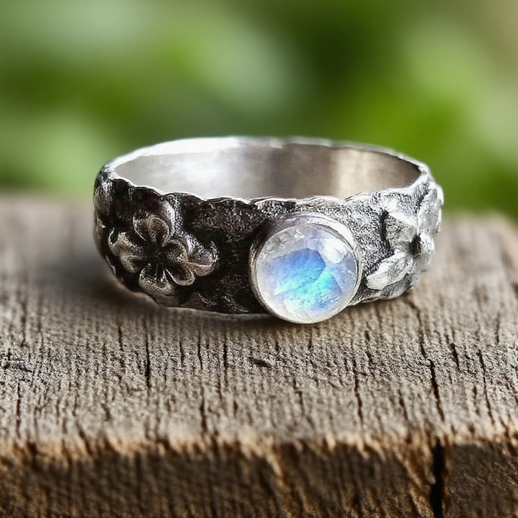Vintage Floral Moonstone Ring – Handmade Boho Sterling Silver-Tone Band for Women