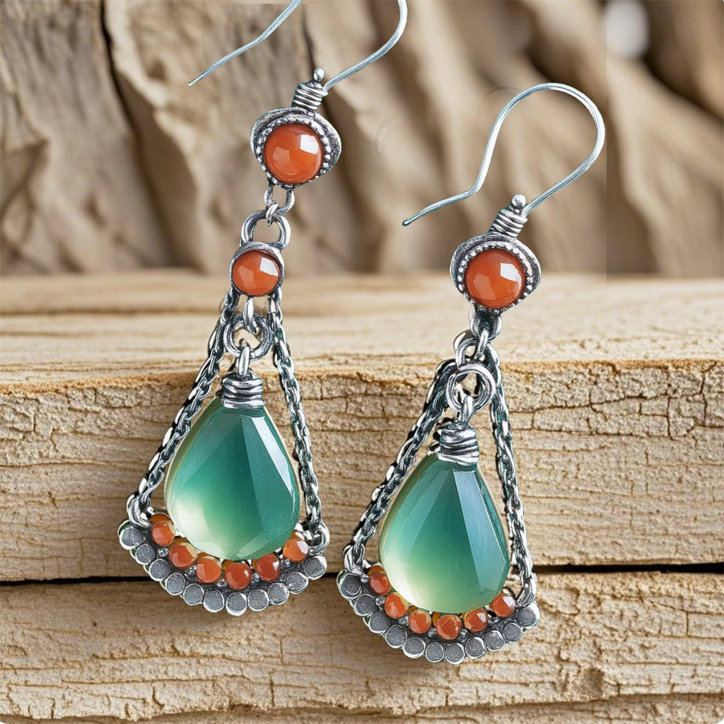 Vintage Teardrop Dangle Earrings – Green Crystal & Orange Bead Boho Earrings for Women