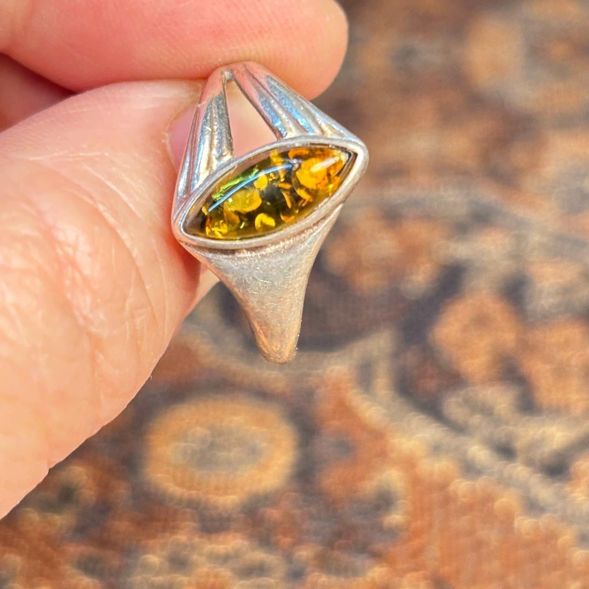 Unique Marquise-Shaped Baltic Amber Ring in Sterling Silver – Vintage Handmade Jewelry for Women