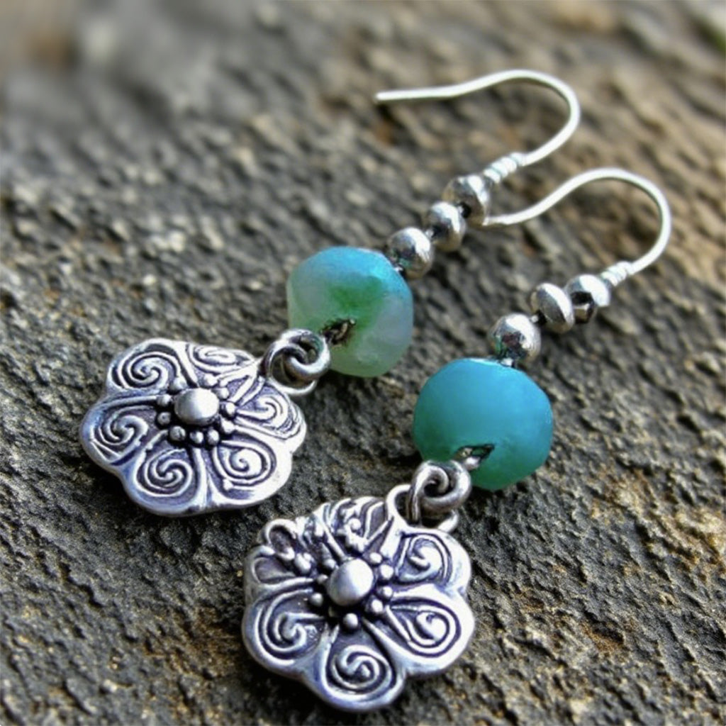 Boho Silver Floral Dangle Earrings with Aqua Beads – Handmade Vintage-Inspired Jewelry
