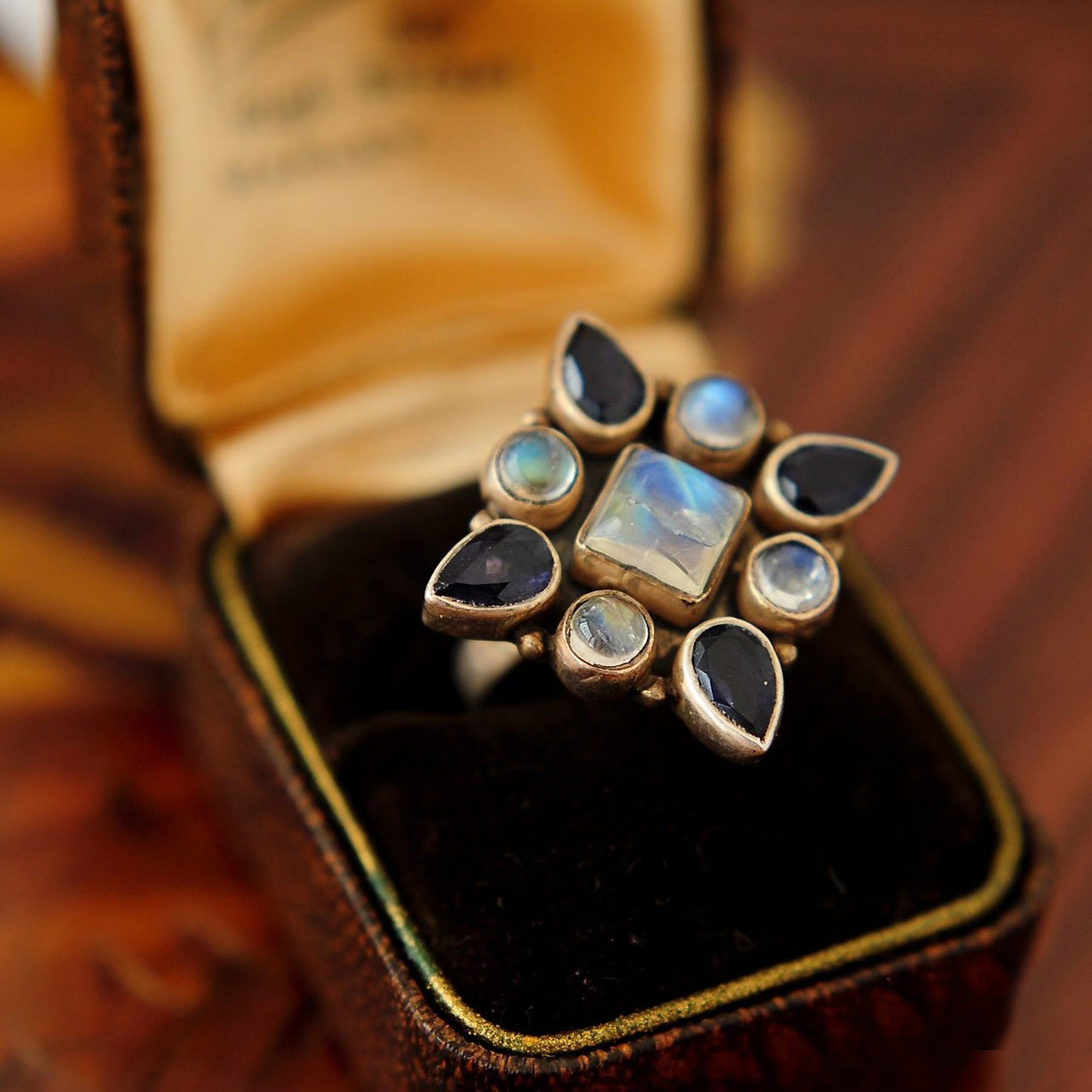 Boho Vintage Statement Ring – Moonstone & Black Onyx Floral Cluster in Antique Bronze Setting