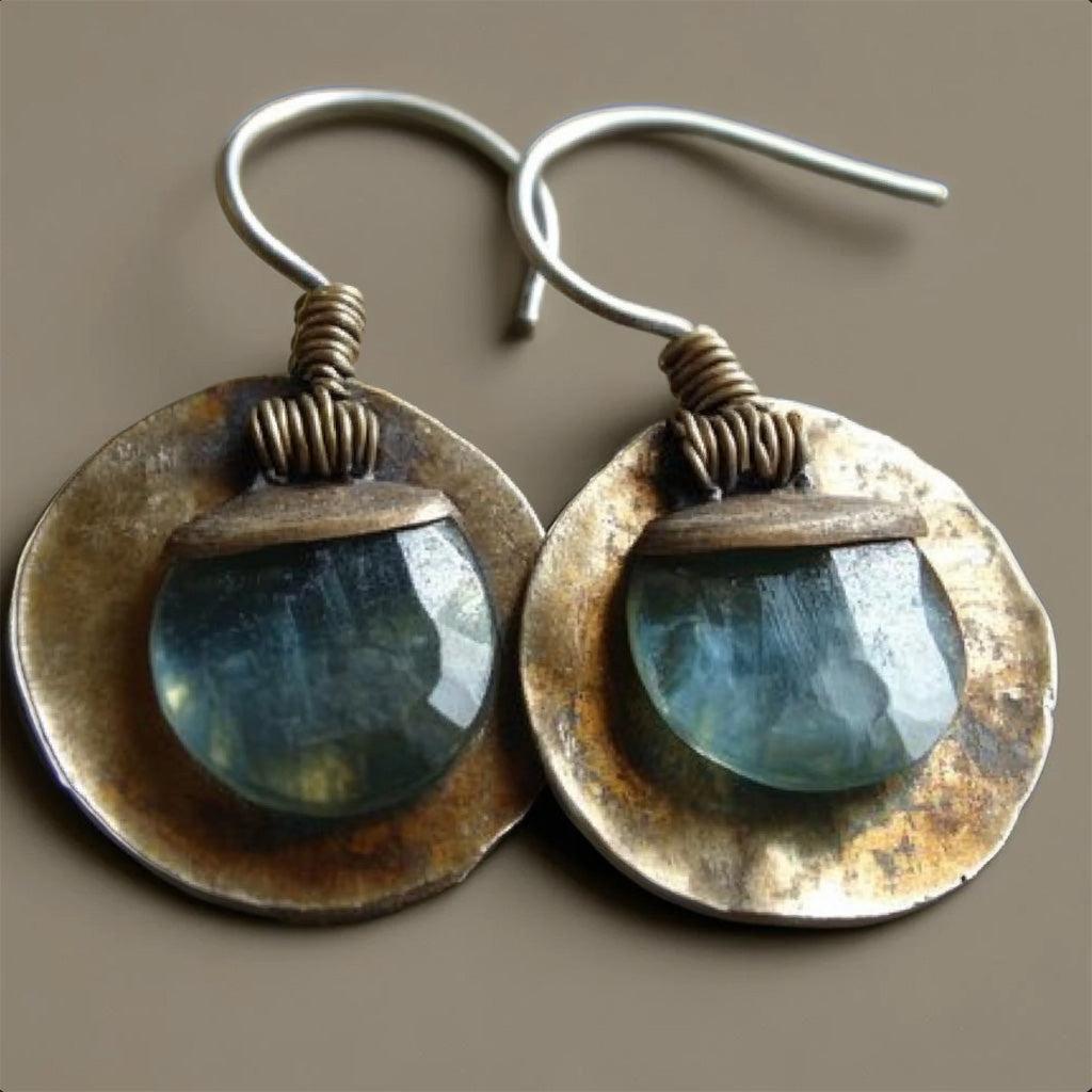 Rustic Boho Circle Earrings โ Faceted Blue Gemstone Drops with Aged Brass Discs