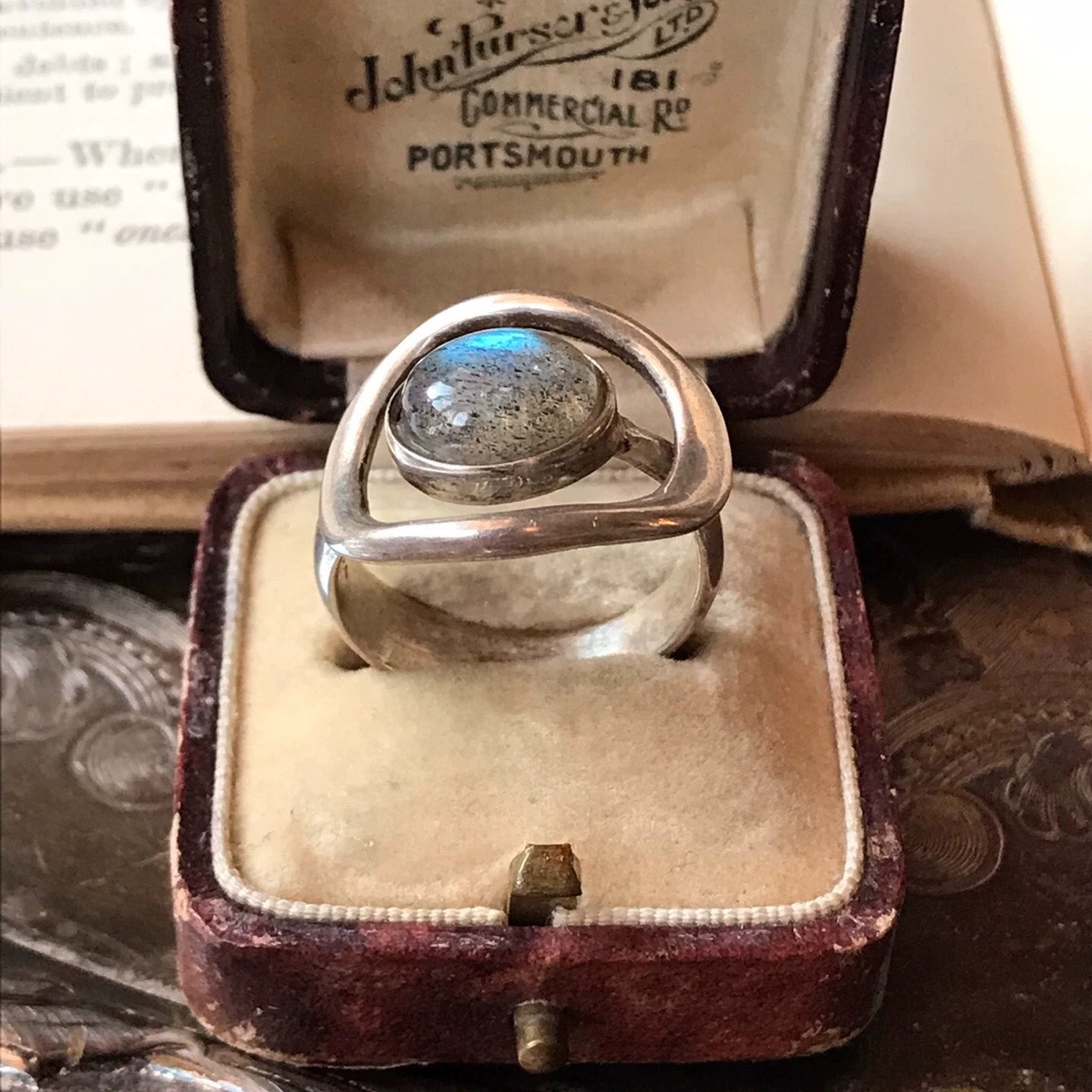 Modern Labradorite Triangle Ring – Sculptural Sterling Silver Open Frame Design