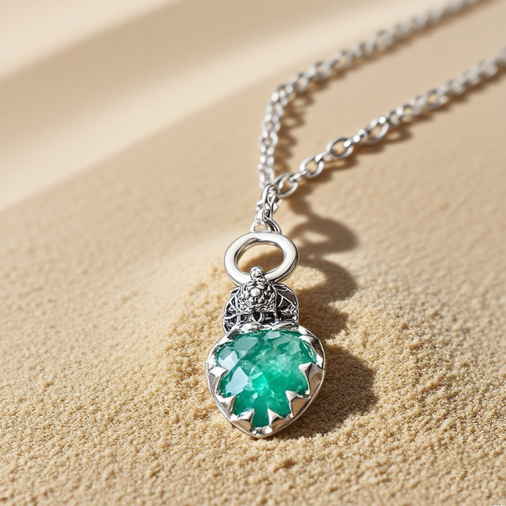 Vintage Green Crystal Heart Pendant Necklace – Boho Handmade Silver-Tone Chain Jewelry for Women