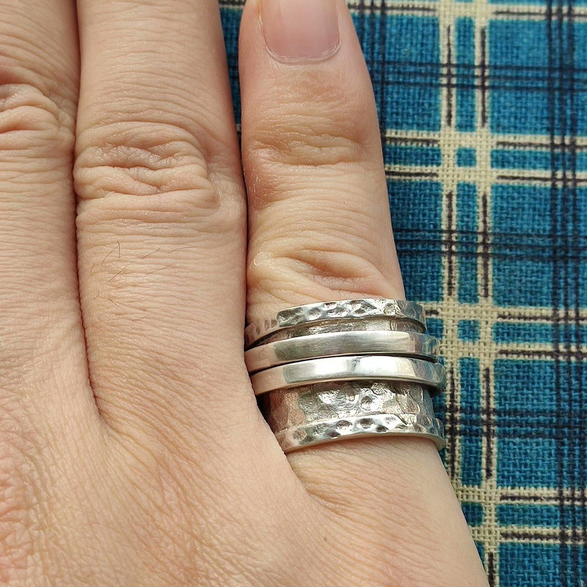 Hammered Sterling Silver Spinner Ring – Wide Band Meditation Ring with Triple Spinning Bands