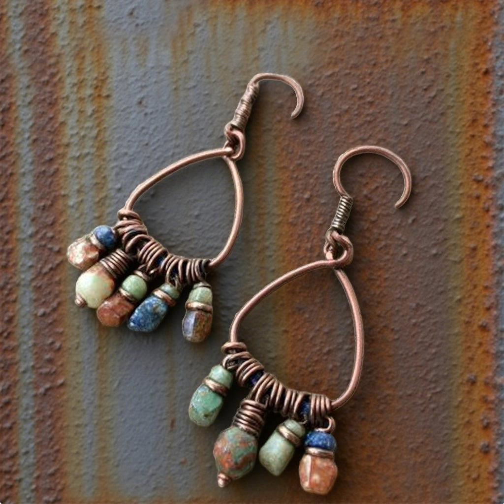 Rustic Copper Wire Drop Earrings with Multicolor Stone Beads
