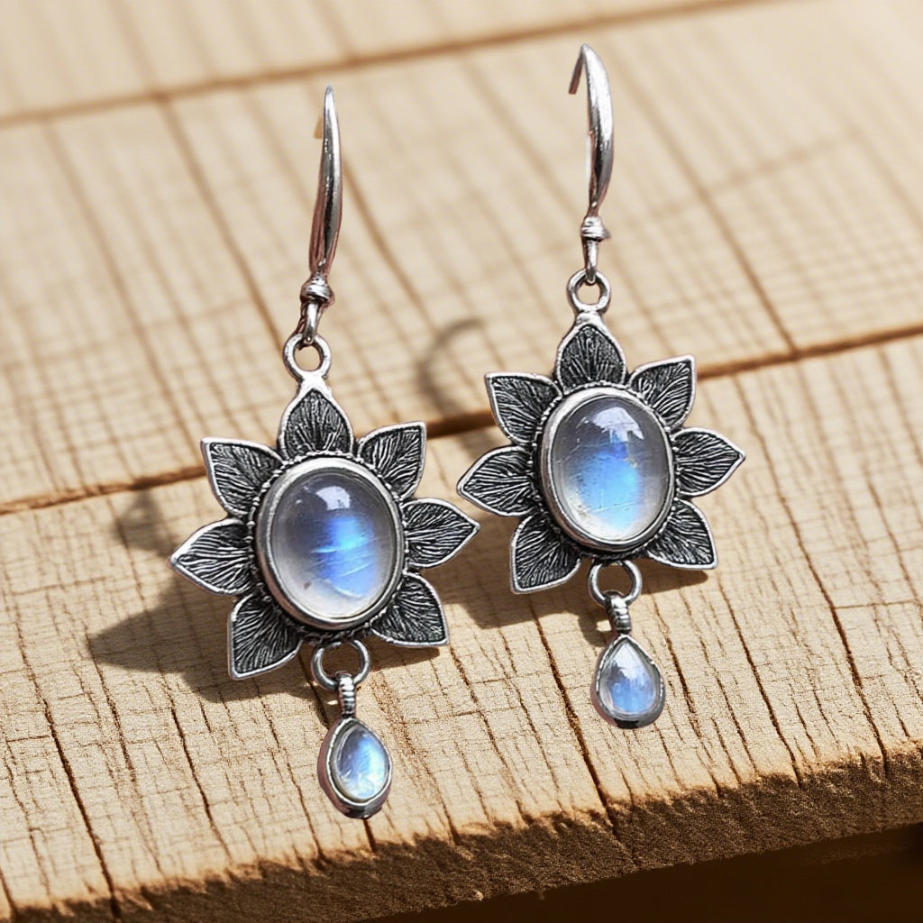 Vintage Moonstone Flower Drop Earrings – Boho Floral Dangle Jewelry