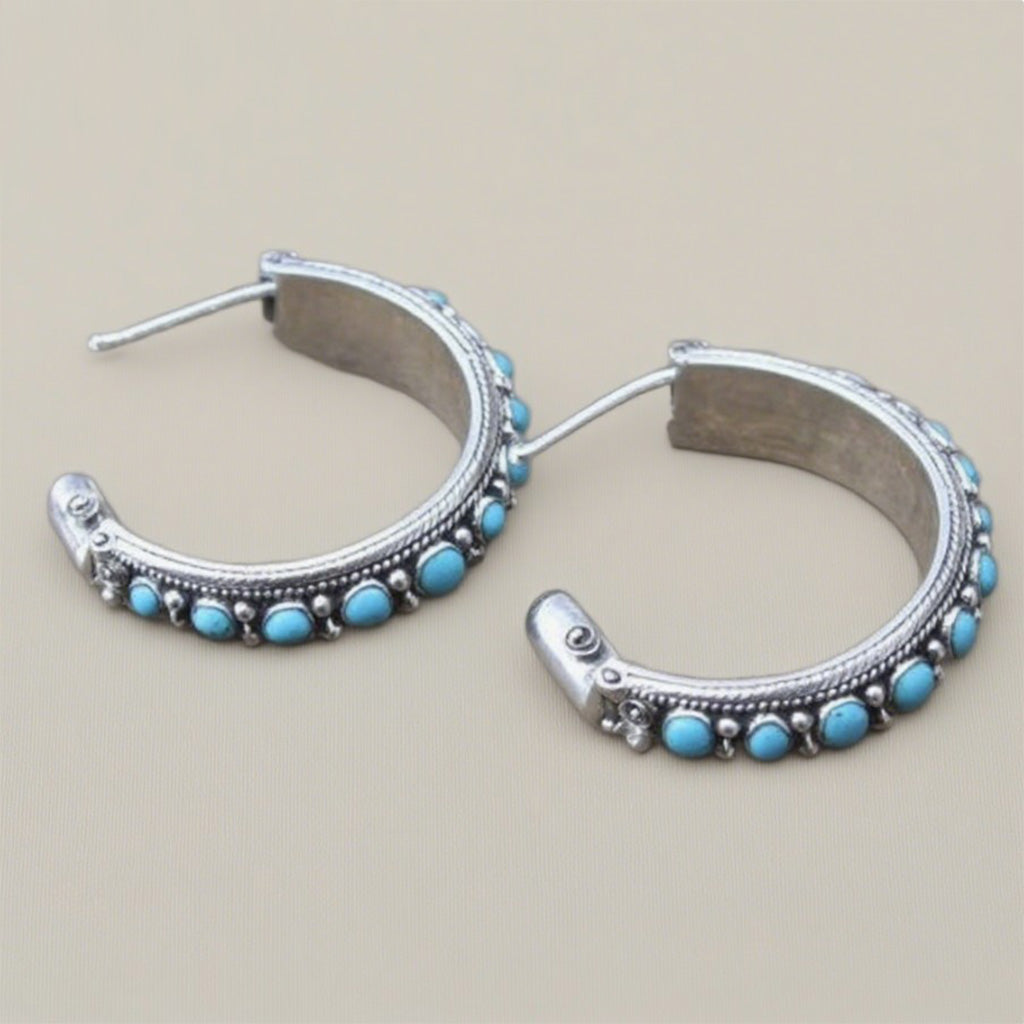 Vintage Silver Half Hoop Earrings with Turquoise Accents – Bohemian Tribal Style Jewelry
