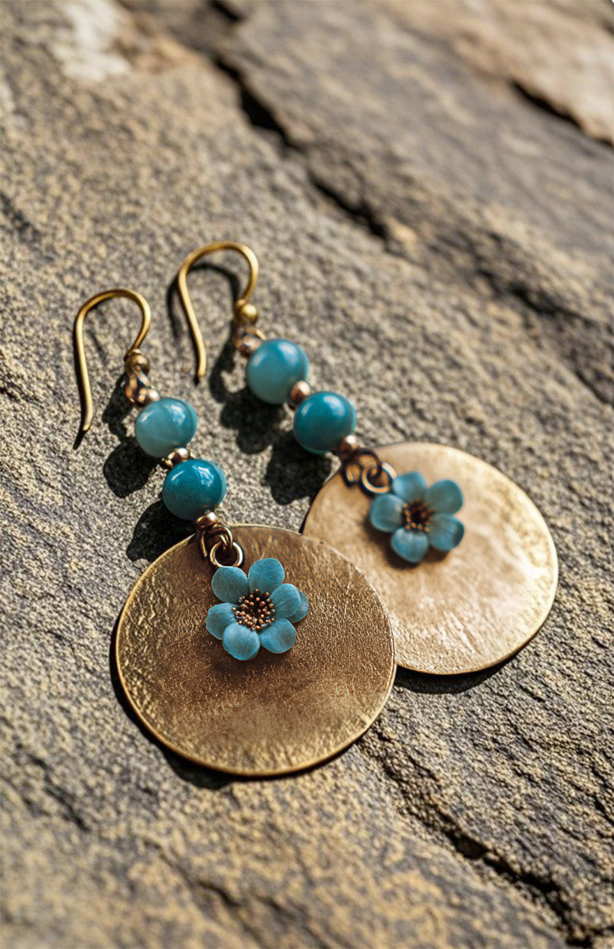 Golden Disc Dangle Earrings with Blue Beads and Flower Charm