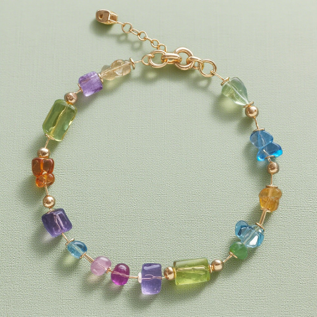Rainbow Gemstone Beaded Bracelet – Multicolor Natural Stones with Gold Accents, Adjustable Chain