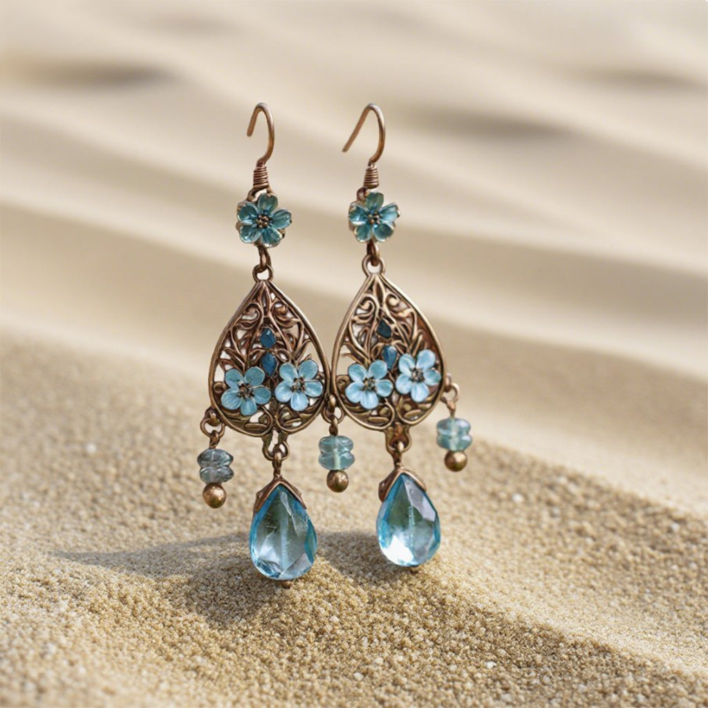 Vintage Floral Chandelier Earrings – Blue Crystal Drop with Bronze Filigree