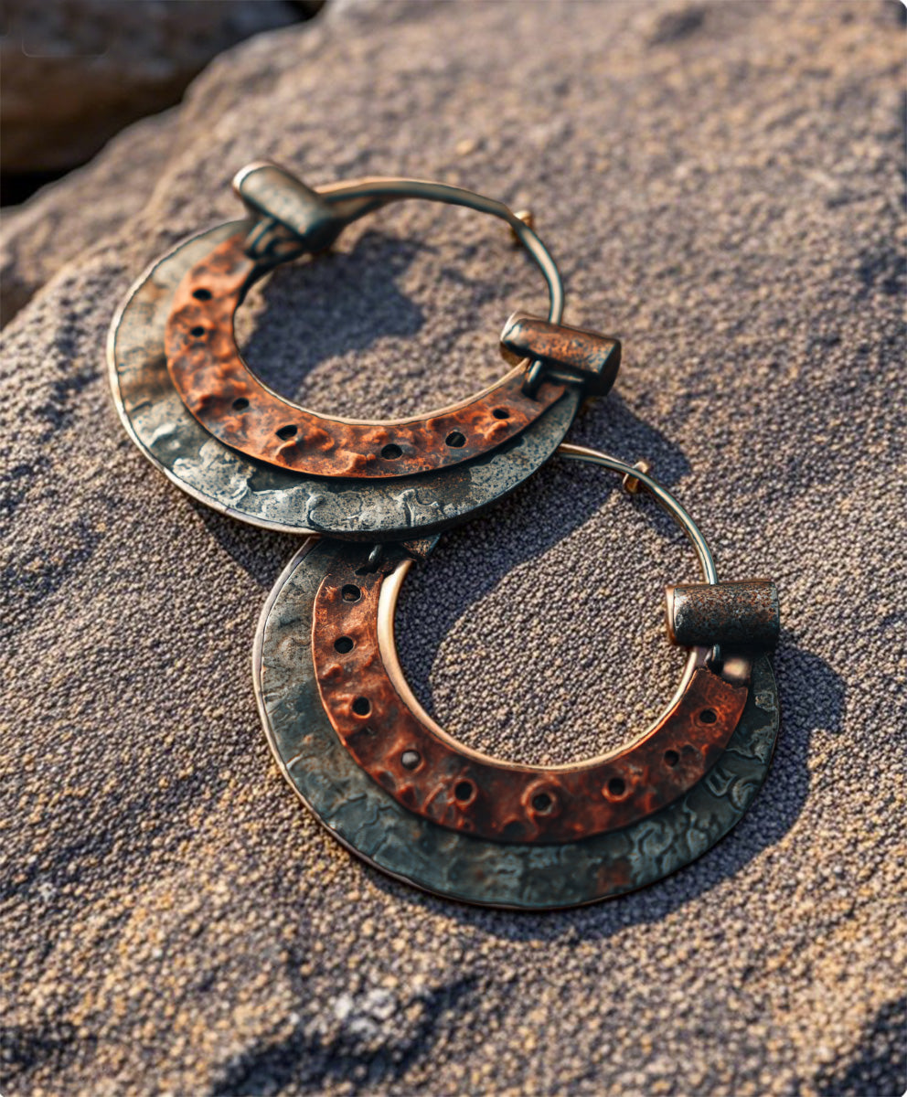 Vintage Double-Layer Hammered Metal Hoop Earrings