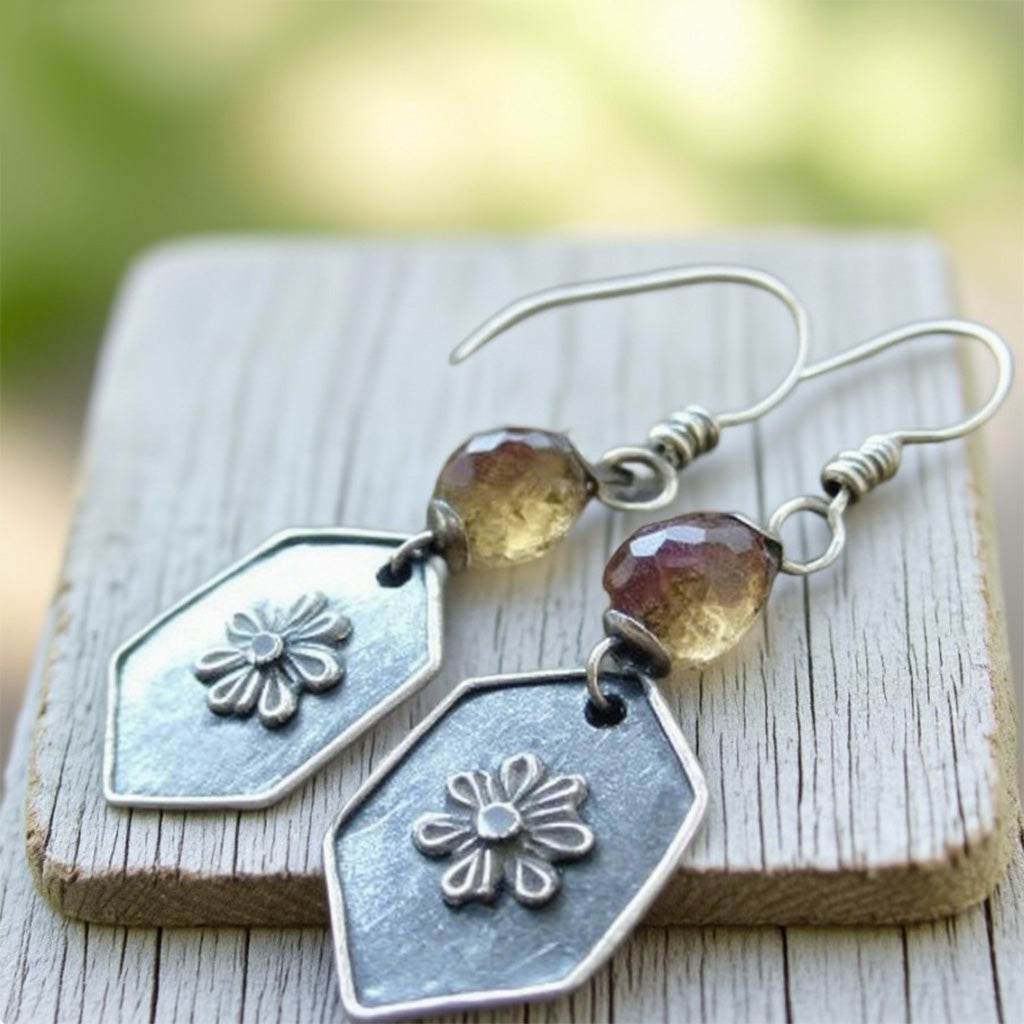 Vintage Daisy Shield Earrings – Hexagon Floral Drops with Faceted Crystal Beads