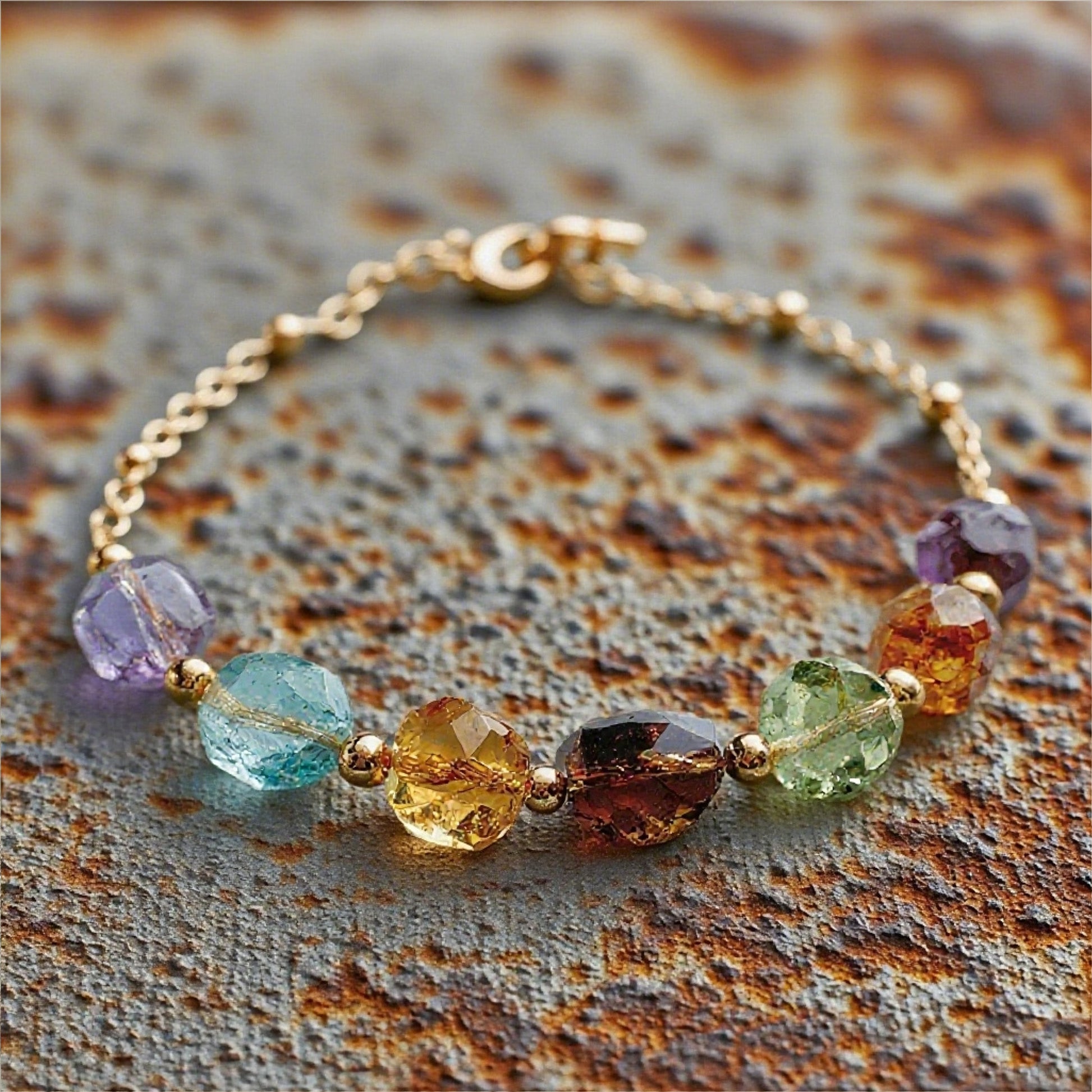 Multicolor Natural Gemstone Bracelet – Handmade Crystal Bead Chain with Gold Plated Clasp