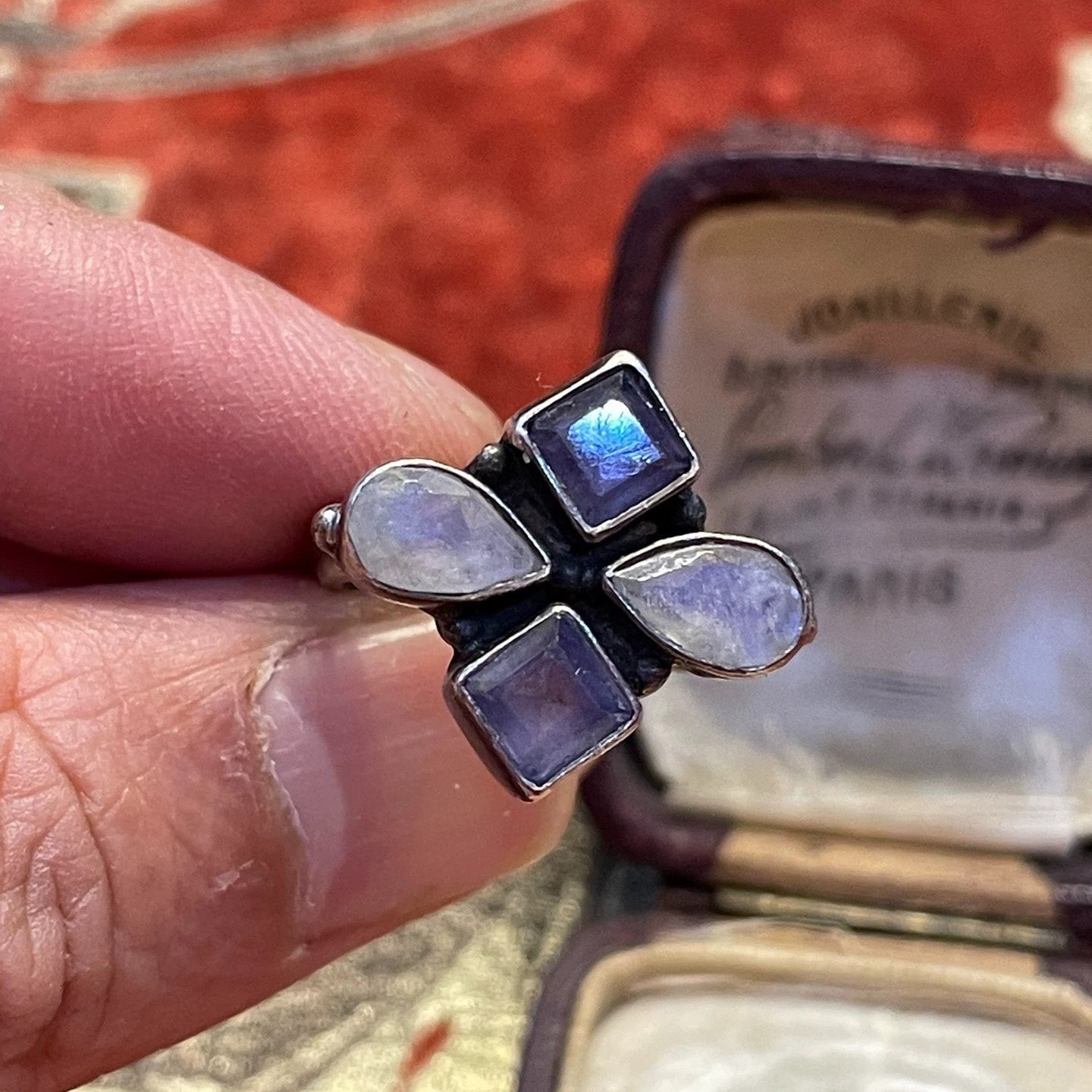 Vintage Moonstone & Amethyst Floral Ring – Sterling Silver Gothic Revival Statement Jewelry