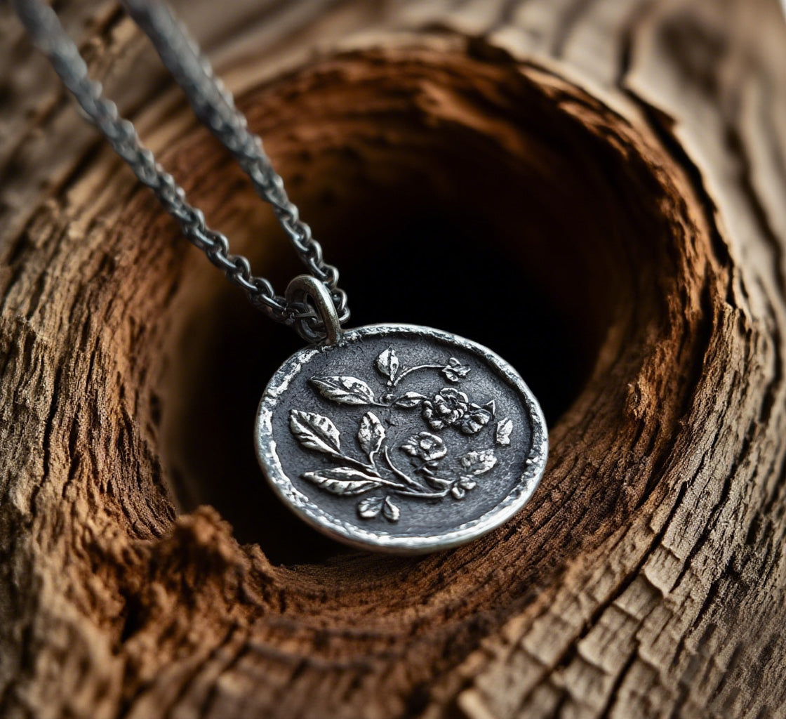 Vintage Floral Wax Seal Pendant Necklace – Antique Silver Round Medallion with Botanical Relief Design