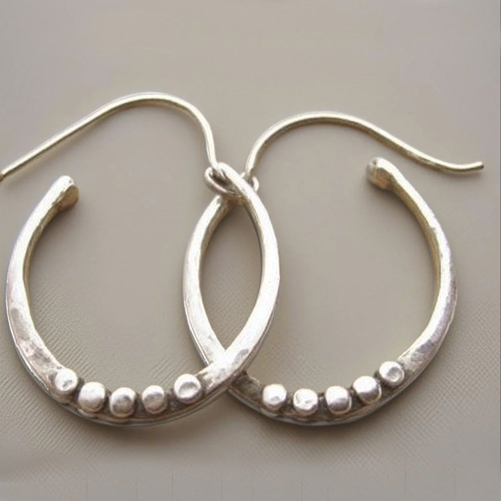 Minimalist Silver Drop Earrings – Handcrafted Organic Oval Hoops with Dot Detail