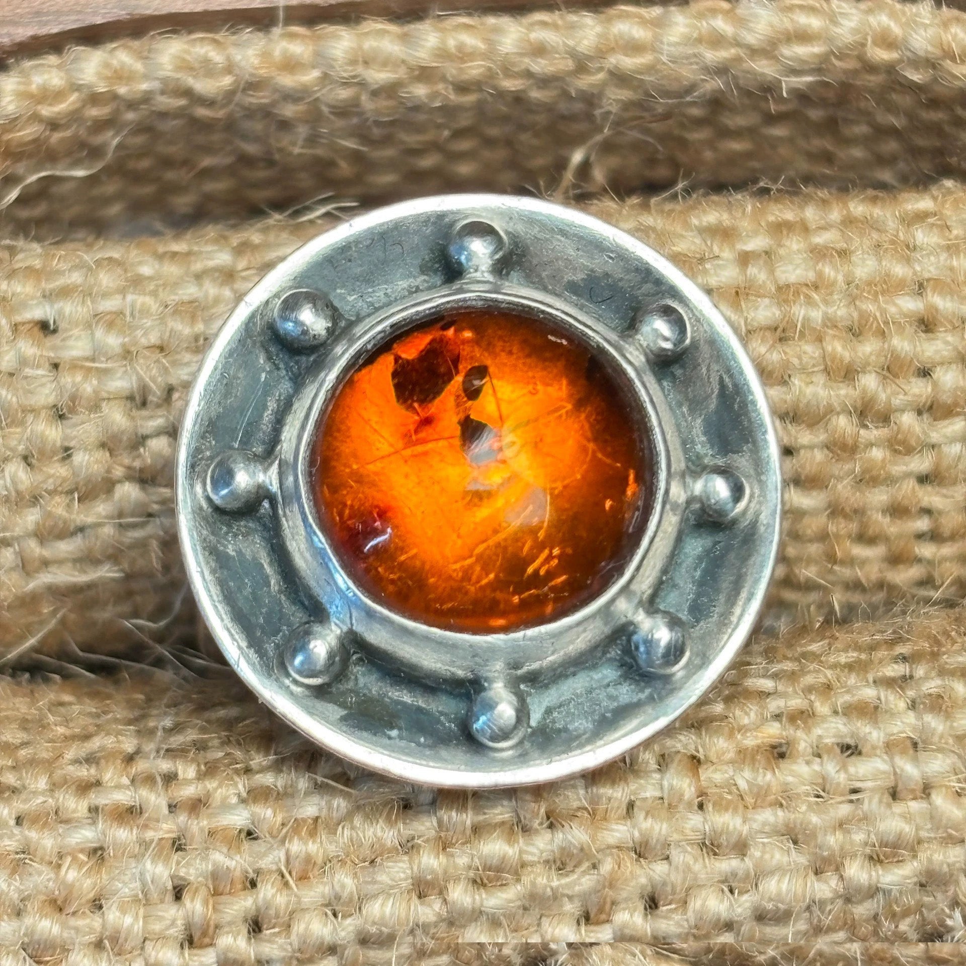 Antique Silver Amber Gemstone Ring - Handmade Jewelry with Intricate Detailing