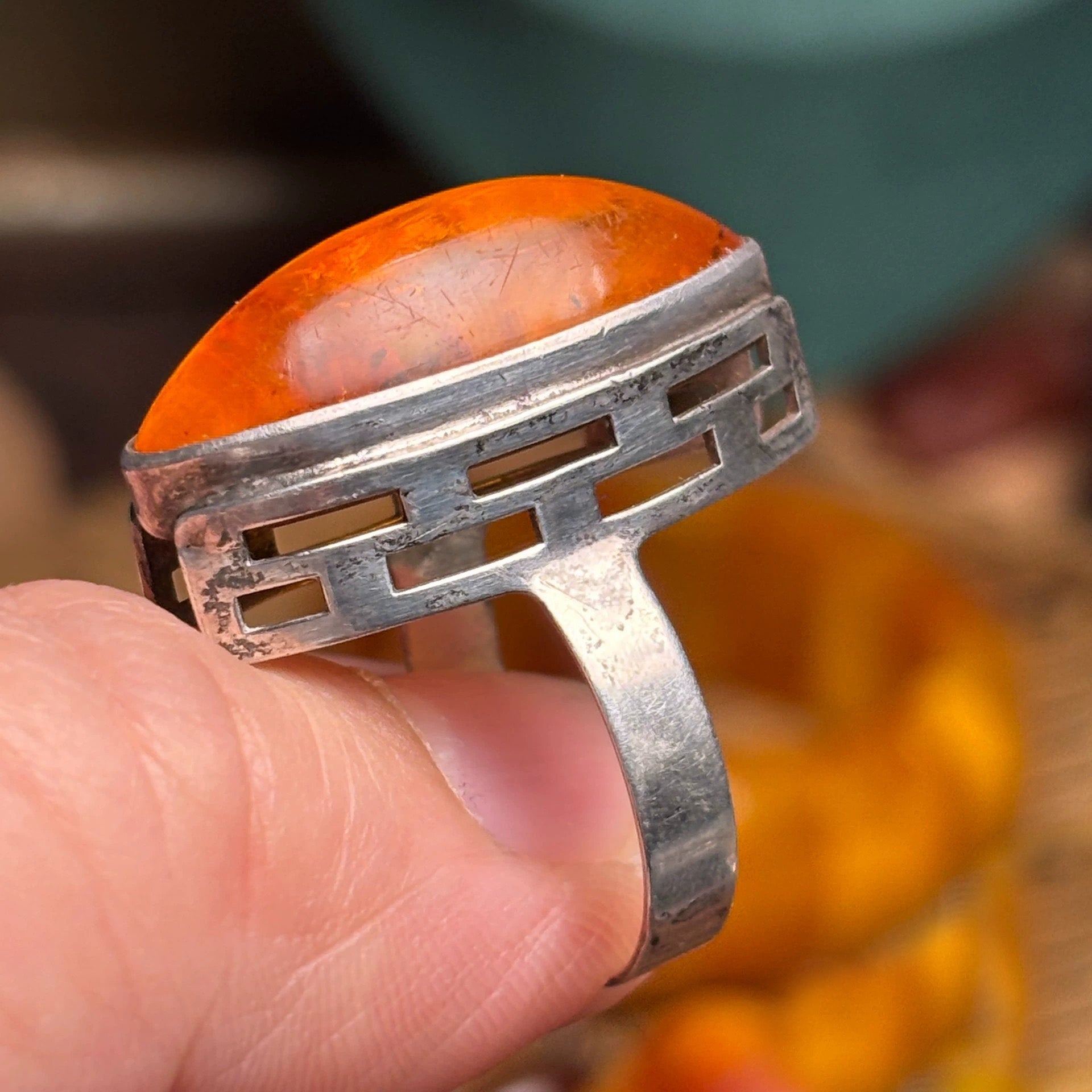 Vintage Amber Stone Silver Ring with Geometric Design
