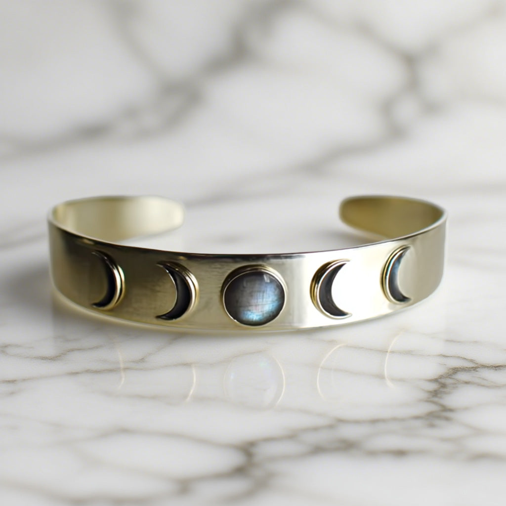 Moon Phase Cuff Bracelet – Gold-Tone Lunar Cycle Bangle with Center Moonstone Cabochon