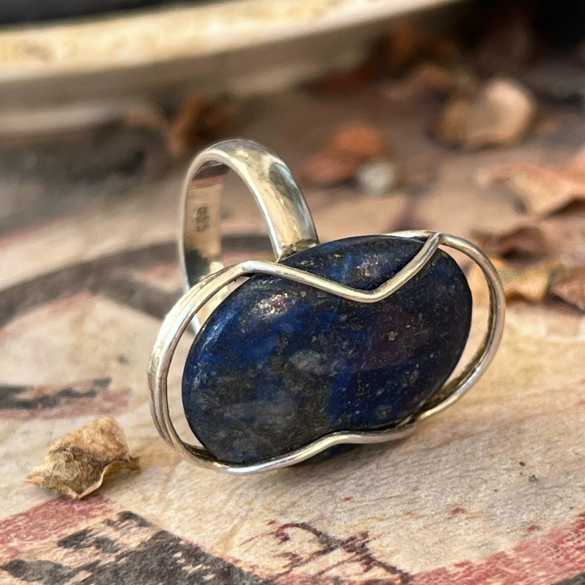 Sterling Silver Wire Wrapped Lapis Lazuli Ring – Handmade Oval Blue Stone Statement Jewelry