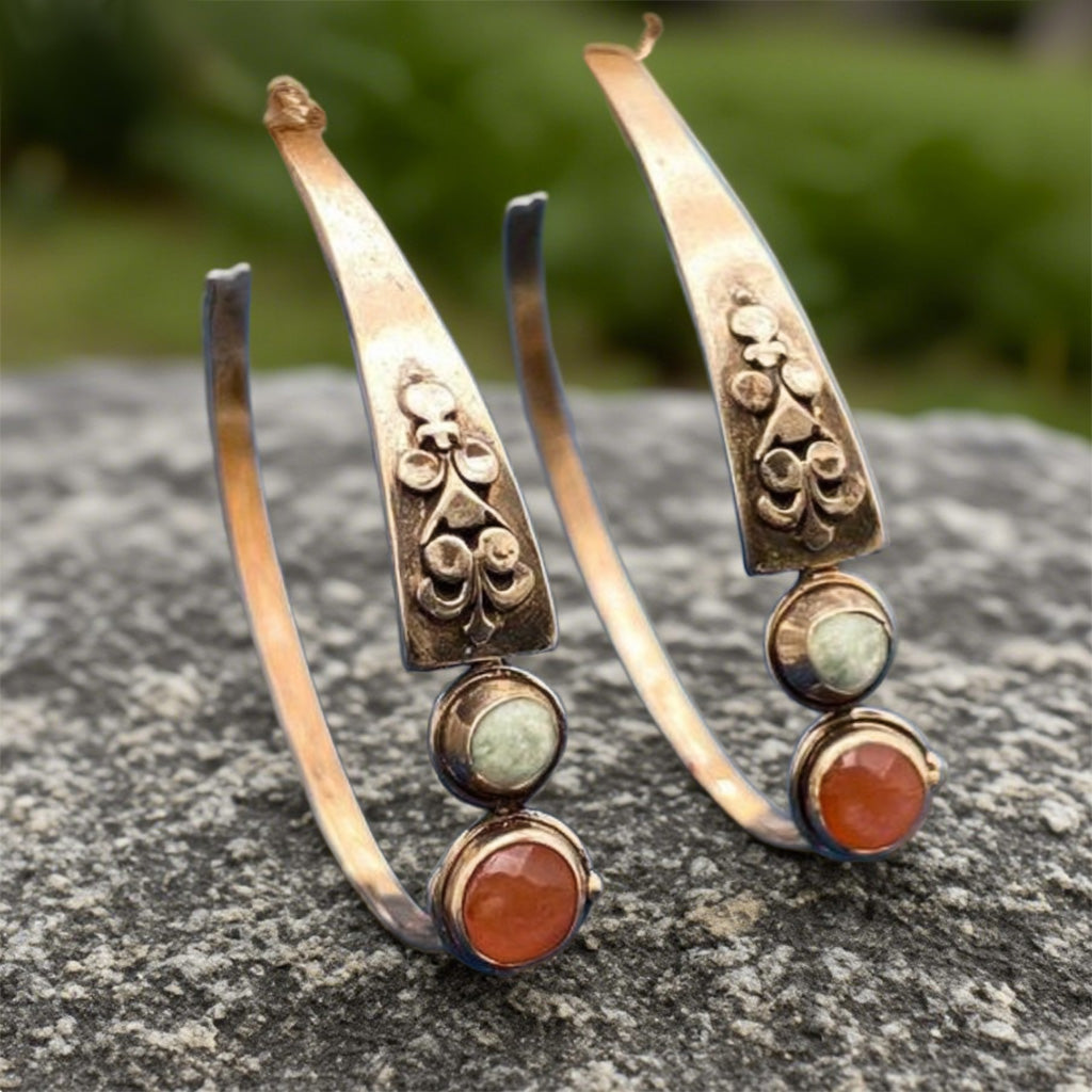 Rustic Gemstone Hoop Earrings – Vintage Bronze Floral Design with Dual Stone Accents