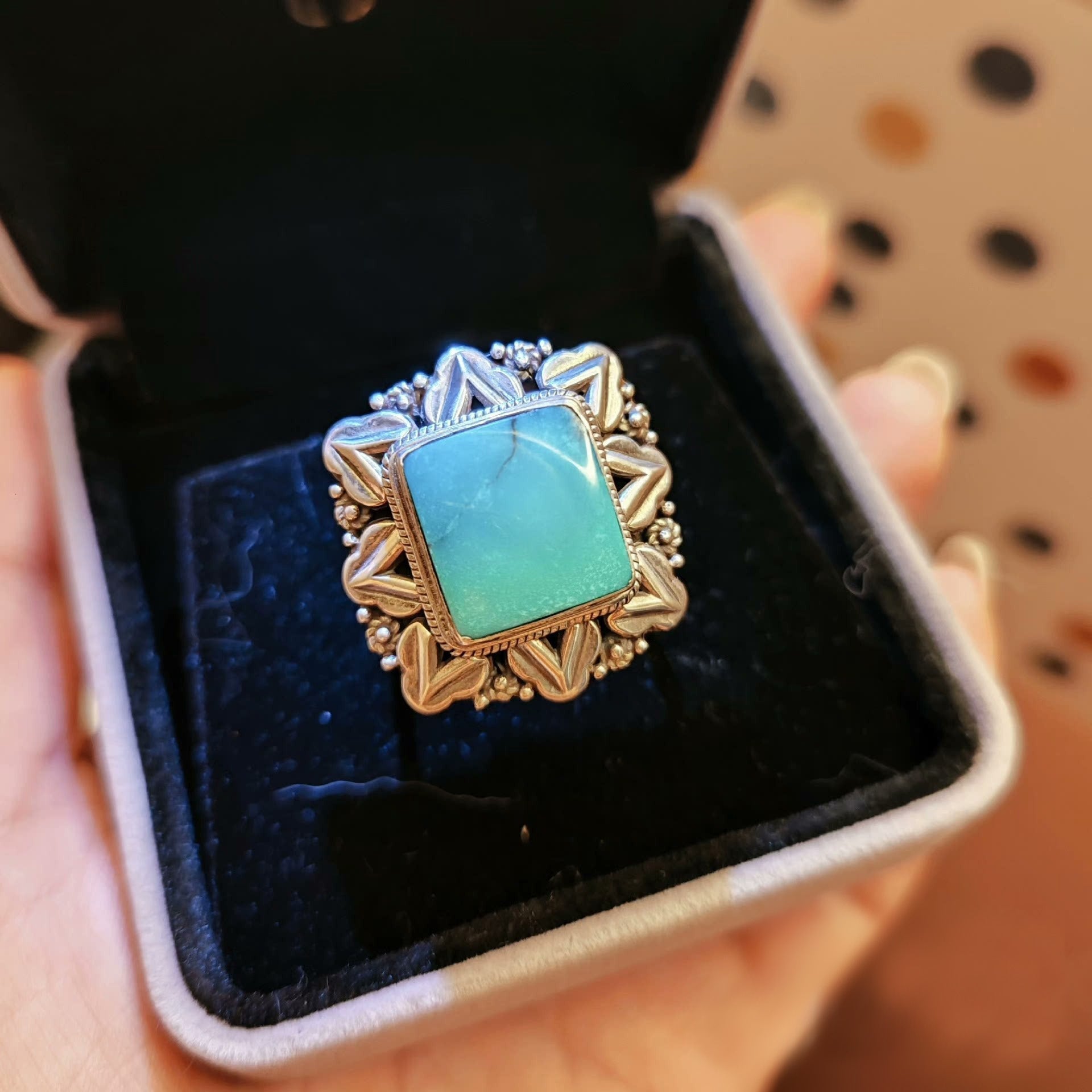 Statement Turquoise Ring – Sterling Silver Boho Vintage-Style Square Gemstone Ring