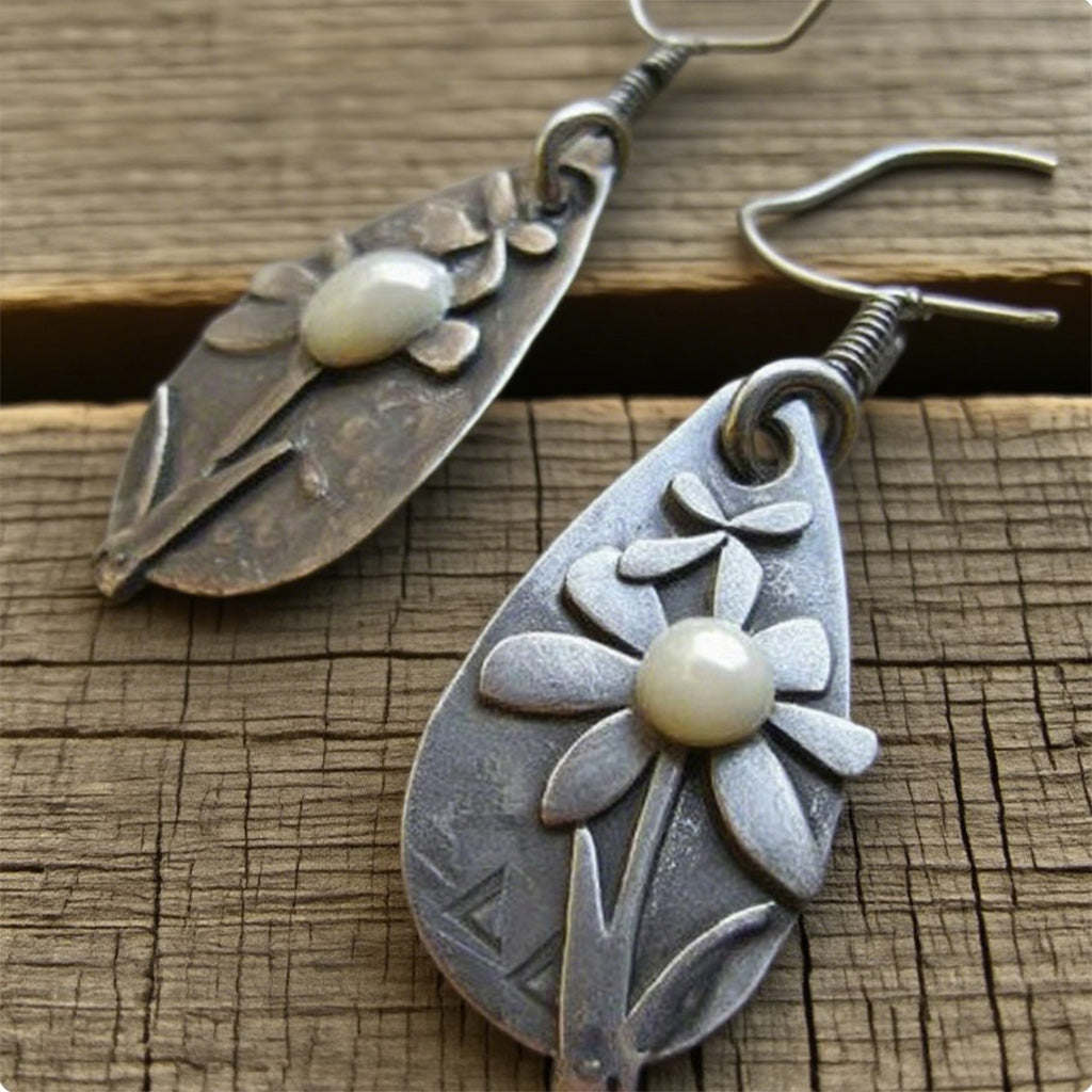 Vintage Floral Drop Earrings with Pearl Center – Handcrafted Antique Silver Look